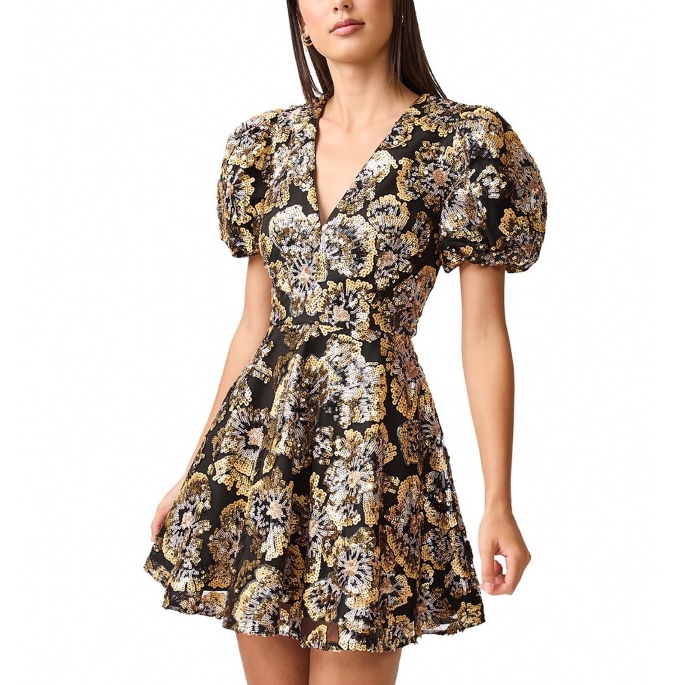 Elliatt Celeste Sequin Mini Dress Black Gold Silver Floral Puff Sleeve Small